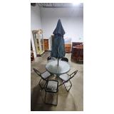 Glass Patio Table with 4 Folding Chairs and Umbrella