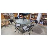 Glass Patio Table with 4 Folding Chairs and Umbrella