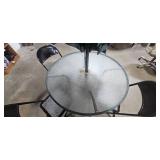 Glass Patio Table with 4 Folding Chairs and Umbrella