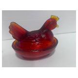 Two 4" Hen on Nest. White and Red