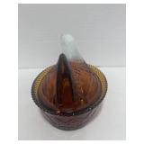 6" Amber and White Hen on Nest Tiny chip on base rim