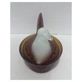 6" Amber and White Hen on Nest Tiny chip on base rim