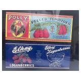 Vintage Can Labels Framed 17" X11"  Polly Brand Tomatoes and Elkay Loganberries