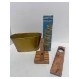 Misc Lot. Letter Holder, Metal Basket, Texas Pecan Wood Item and NIB Tumbling Tower Game