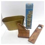 Misc Lot. Letter Holder, Metal Basket, Texas Pecan Wood Item and NIB Tumbling Tower Game