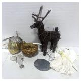 6 Misc Christmas Decorations: Acorn Bell, Reindeer, Gold Bird on nest