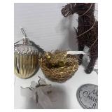 6 Misc Christmas Decorations: Acorn Bell, Reindeer, Gold Bird on nest