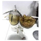 6 Misc Christmas Decorations: Acorn Bell, Reindeer, Gold Bird on nest