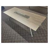 Modern Cocktail Table with a wood grain design, inset glass panel and chrome legs. Made by Fjords Furniture of Norway.