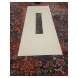 Modern Cocktail Table with a wood grain design, inset glass panel and chrome legs. Made by Fjords Furniture of Norway.