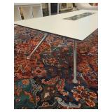 Modern Cocktail Table with a wood grain design, inset glass panel and chrome legs. Made by Fjords Furniture of Norway.