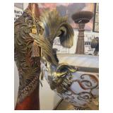 A group lot of items. Rams Head Urn, A Floor Candlestick, Decorative Metal Stand & Abstract Wood Figure.