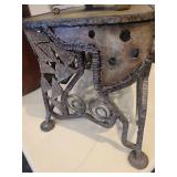 A group lot of items. Rams Head Urn, A Floor Candlestick, Decorative Metal Stand & Abstract Wood Figure.