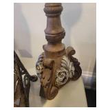 A group lot of items. Rams Head Urn, A Floor Candlestick, Decorative Metal Stand & Abstract Wood Figure.