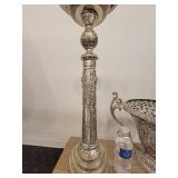 A Silver Raised Design Plant Stand with an angel and flowers, and a handled Vase / Bowl.