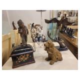 A group of items for sale: Large Brass Crane Bird, Cast Iron Dog, Decorative Box etc.