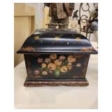 A group of items for sale: Large Brass Crane Bird, Cast Iron Dog, Decorative Box etc.