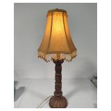 Vintage Carved Wood Base Lamp with Beaded Shade