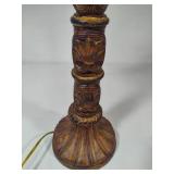 Vintage Carved Wood Base Lamp with Beaded Shade