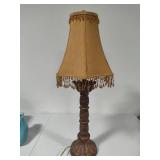 Vintage Carved Wood Base Lamp with Beaded Shade