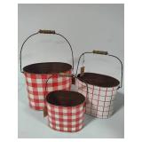 Three Nesting Tin Buckets with Wood Handles