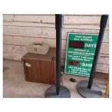 Set of Office Safety Sign, Stanchions, Cash Box, and Mini Fridge