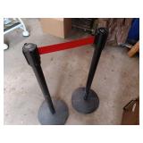 Set of Office Safety Sign, Stanchions, Cash Box, and Mini Fridge