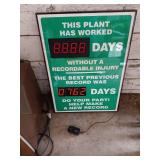 Set of Office Safety Sign, Stanchions, Cash Box, and Mini Fridge