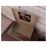 Set of Office Safety Sign, Stanchions, Cash Box, and Mini Fridge