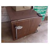 Set of Office Safety Sign, Stanchions, Cash Box, and Mini Fridge