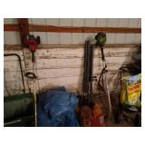 Group of Lawn Care Tools with Spreaders, Trimmers, Tarps, and Supplies