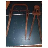 Pair of Vintage Iron Ice Block Tongs and Adjustable Logging Caliper