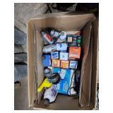 Box of Assorted Automotive Fluids, Filters, and Accessories