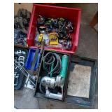 Assorted Hand Tools and Hardware Lot with Power Drill and Clamps