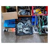 Assorted Hand Tools and Hardware Lot with Power Drill and Clamps
