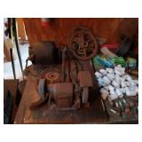 Workshop Lot with Vintage Electric Motors, Grinder, Hand Tools, and Small Parts