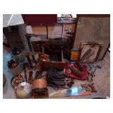 Vintage Tools, Decor, and Collectibles Lot with Hand Saw, Spools, and Framed Art