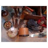 Vintage Tools, Decor, and Collectibles Lot with Hand Saw, Spools, and Framed Art