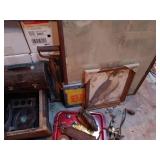 Vintage Tools, Decor, and Collectibles Lot with Hand Saw, Spools, and Framed Art