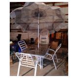 Patio Dining Set with Glass Table, 5 Chairs, and Large Umbrella