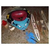 Boat Accessory Lot with Inflatable Towable, Water Skis, Propeller, and Gas Can