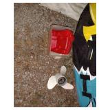 Boat Accessory Lot with Inflatable Towable, Water Skis, Propeller, and Gas Can