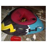 Boat Accessory Lot with Inflatable Towable, Water Skis, Propeller, and Gas Can