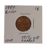198? Error Penny 50% off Center Striker Clean Coin