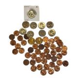 This lot is in A/U condition and includes 1958 Lincoln pennies, early 1960s quarters, and 1979-S Susan B. Anthony dollars.