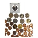 This lot is in A/U condition and includes 1958 Lincoln pennies, early 1960s quarters, and 1979-S Susan B. Anthony dollars.