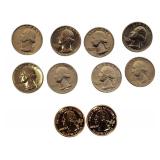 This lot is in A/U condition and includes 1958 Lincoln pennies, early 1960s quarters, and 1979-S Susan B. Anthony dollars.