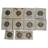 Old Buffalo Nickels from various years, in excellent condition, including some rare years and mint marks.