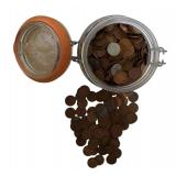 Estate wheat pennies, various dates and mint marks, over 4 lbs without the jar. 600+ pennies.