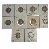 Old Buffalo Nickels from various years, in excellent condition, including some rare years and mint marks.